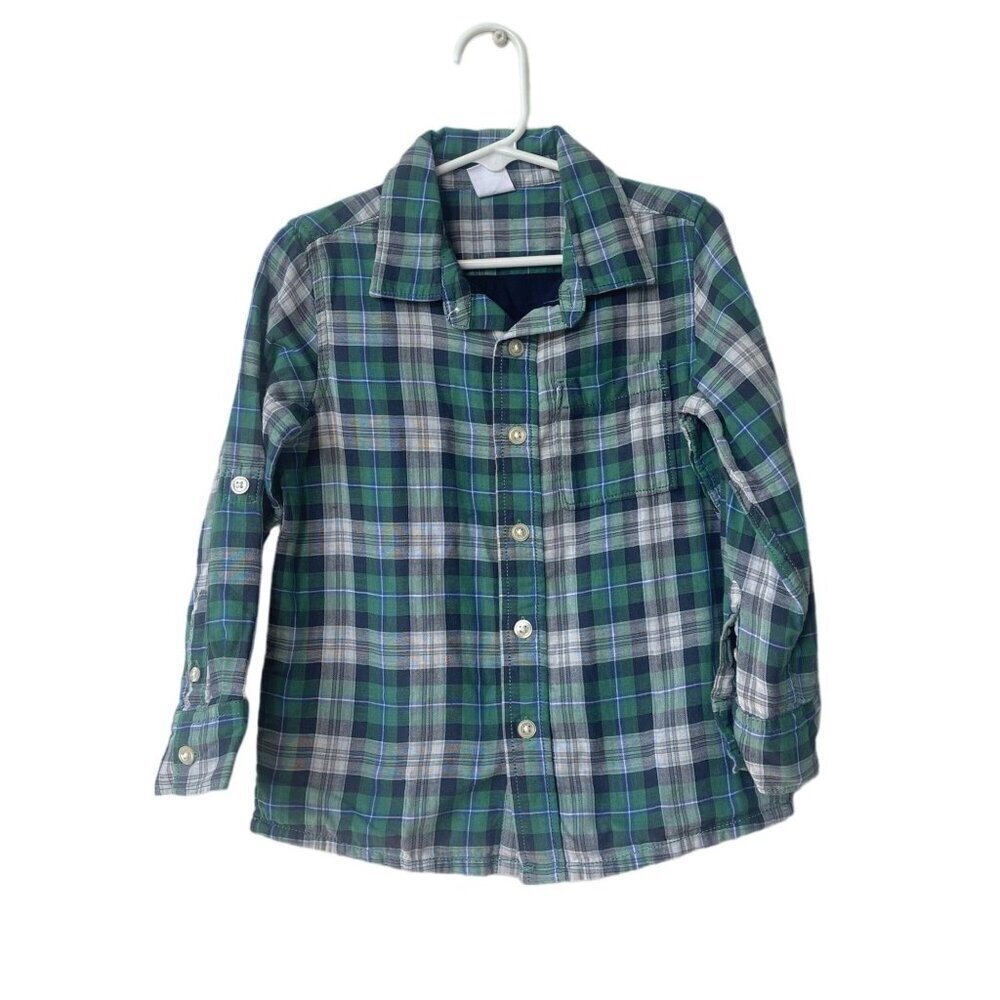 Gap Baby Boy Shirt Plaid Size 4 Long Sleeve Button Down Navy Blue‎ Dress Shirt